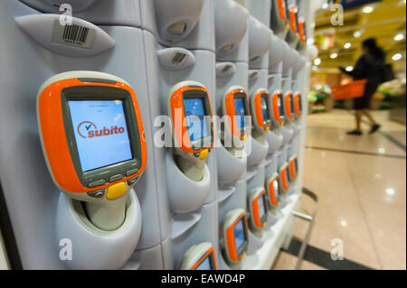 Handheld Subito self-scanning devices in a Migros supermarket in Zurich, Switzerland. Stock Photo