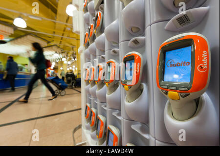 Handheld Subito self-scanning devices in a Migros supermarket in Zurich, Switzerland. Stock Photo