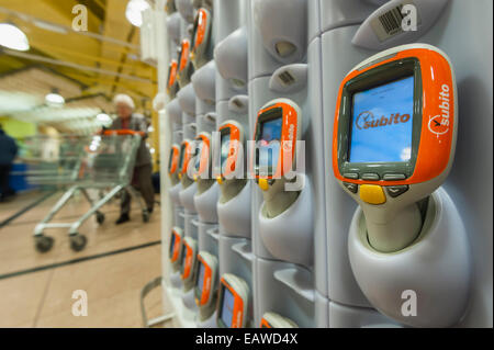 Handheld Subito self-scanning devices in a Migros supermarket in Zurich, Switzerland. Stock Photo
