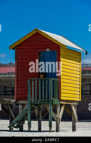 A brightly colored bathing box on stilts on the beach in summer.