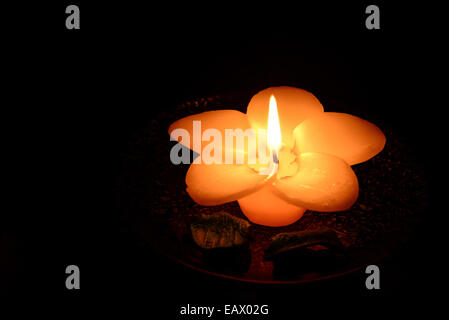 Flower-shaped candle burning on a black background Stock Photo