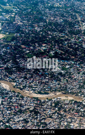 A densely populated suburban community crowded around Dar es Salaam's urban sprawl. Stock Photo