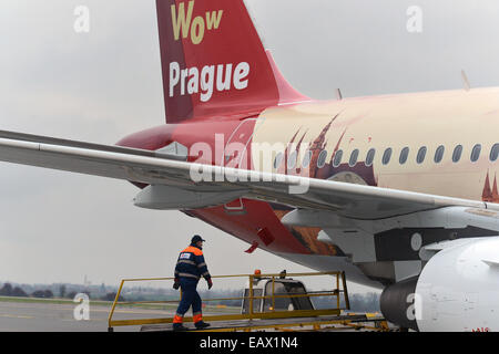 Prague, Czech Republic. 21st Nov, 2014. Prague Information Service and Czech Airlines introduced new stickers with the logo and motif of Prague for the Airbus A319 in Prague, Czech Republic, November 21, 2014. © Michal Dolezal/CTK Photo/Alamy Live News Stock Photo