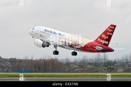 Prague, Czech Republic. 21st Nov, 2014. Prague Information Service and Czech Airlines introduced new stickers with the logo and motif of Prague for the Airbus A319 in Prague, Czech Republic, November 21, 2014. © Michal Dolezal/CTK Photo/Alamy Live News Stock Photo