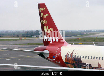 Prague, Czech Republic. 21st Nov, 2014. Prague Information Service and Czech Airlines introduced new stickers with the logo and motif of Prague for the Airbus A319 in Prague, Czech Republic, November 21, 2014. © Michal Dolezal/CTK Photo/Alamy Live News Stock Photo