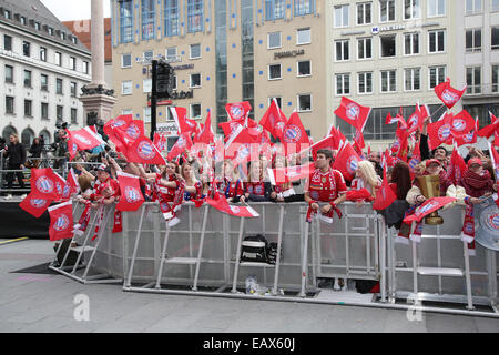 Bayern Muenchen presenting the trophy to the fans at Marienplatz after winning the DFB Cup Final match.  Featuring: Fans Where: Munich, Germany When: 18 May 2014 Stock Photo