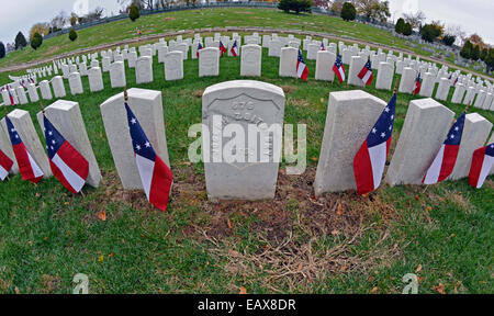 A fisheye lens view of military tombstones with American flags at Cyprus Hills National Cemetery in Brooklyn, New York Stock Photo
