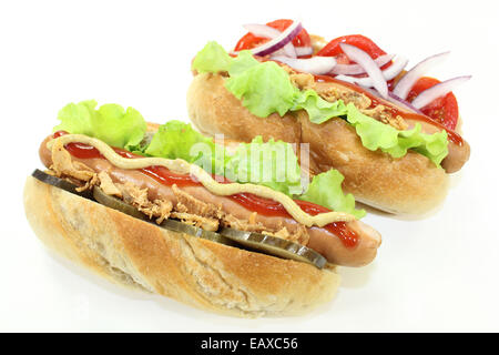 various Hot Dog's in front of white background Stock Photo