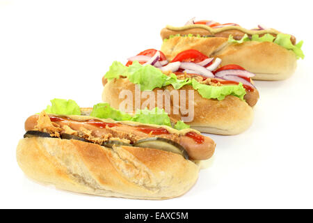 various Hot Dog's in front of white background Stock Photo