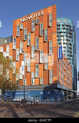 The new Novotel hotel at Wembley stadium. A distinctive modern design using ceramic cladding panels within in a steel frame Stock Photo