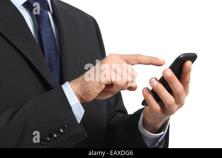 Business man hands touching a smart phone screen isolated on a white background Stock Photo