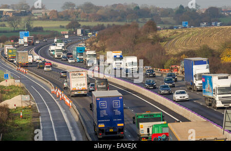 Heavy motorway traffic going through road works on the M1 in Derbyshire junction 28 to 29. Stock Photo