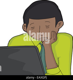 Isolated cartoon of single young man asleep in front of computer Stock Photo