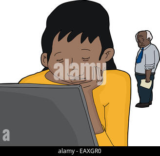 Mature man watching young student with laptop asleep Stock Photo