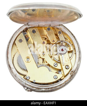 brass movement of retro silver pocket watch isolated on white background Stock Photo
