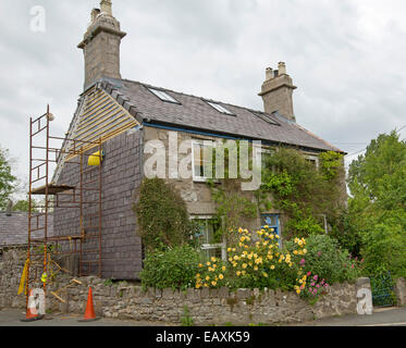 Old stone cottage with colourful garden in Welsh village with scaffolding erected by high wall undergoing renovation work Stock Photo