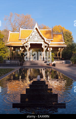 Thai pavilion gardens and reflecting pool at Olbrich botanical gardens in Madison Wisconsin Stock Photo