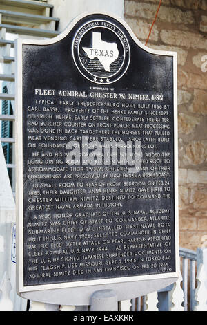 Information sign outside the house where Fleet Admiral Chester W. Nimitz, was born in Fredericksburg, Texas Stock Photo