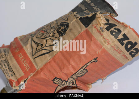 Old corrugated cardboard packaging for a Mazda electric light bulb Stock Photo
