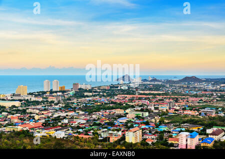 Hight angle view landscaped Hua Hin city in the evening, Beautiful scenery town seaside at Prachuap Khiri Khan Province of Thai Stock Photo