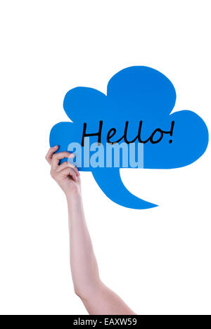 Hand Holding A Blue Speech Balloon Or Speech Bubble With Hello. Isolated Photo Stock Photo