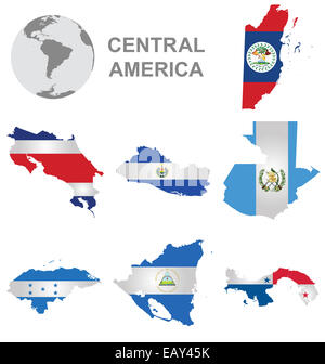 Flags of Central America collection overlaid on outline map Stock Photo