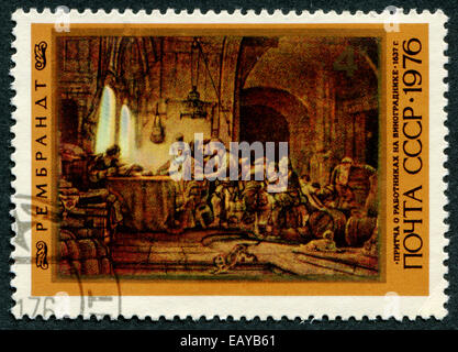 USSR - CIRCA 1976: A Postage Stamp Printed in the USSR Shows 'Parable of the Workers in the Vineard' by Rembrandt 1637 Stock Photo