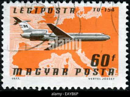 HUNGARY - CIRCA 1977: A stamp printed in Hungary shows plane TU-154, circa 1977 Stock Photo