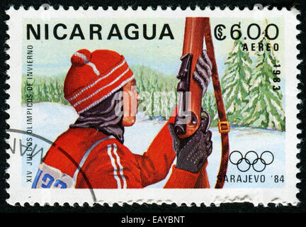 NICARAGUA - CIRCA 1982: A stamp printed in Nicaragua shows biathlon, circa 1983 Stock Photo