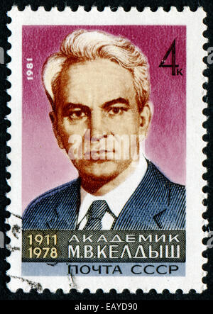 USSR - CIRCA 1981: A stamp printed USSR, Portrait of Soviet scientist in the field of mathematics and mechanics Mstislav Keldysh Stock Photo