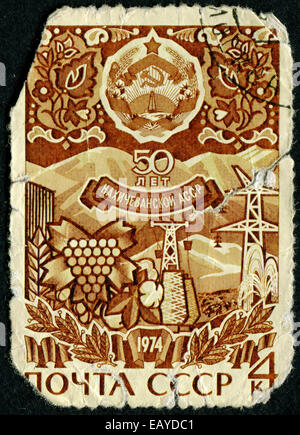 RUSSIA - CIRCA 1974: stamp printed by Russia, shows Grapes, pylons, mountains and arms of Nakhichevan Autonomous Soviet Socialis Stock Photo