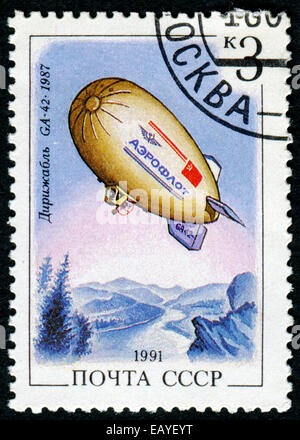 USSR - CIRCA 1991: A set of postage stamps printed in USSR shows airships, series, circa 1991 Stock Photo