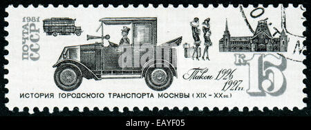 USSR - CIRCA 1981: A stamp printed in USSR (Russia) shows a Municipal Transport with the inscription 'Taxi 1926 - 1927', from th Stock Photo