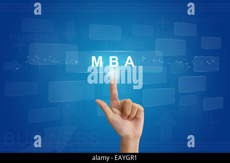 hand press on MBA or Master of Business Administration button on virtual screen Stock Photo