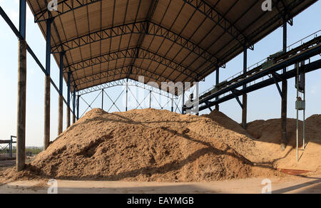 Stockpile of Bagasse, a sugarcane by product, in a sugar mill Stock Photo