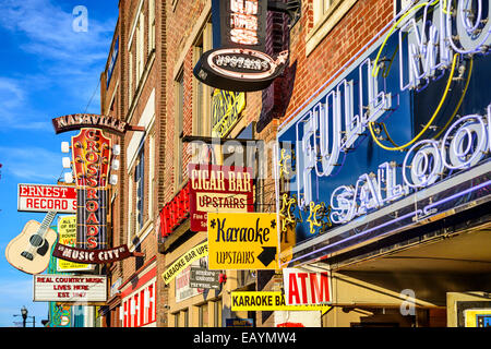 Honky-tonks on Lower Broadway. The district is famous for the numerous country music entertainment establishments. Stock Photo