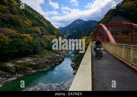 Cycling along the Koboke canyon, Shikoku island, Japan Stock Photo