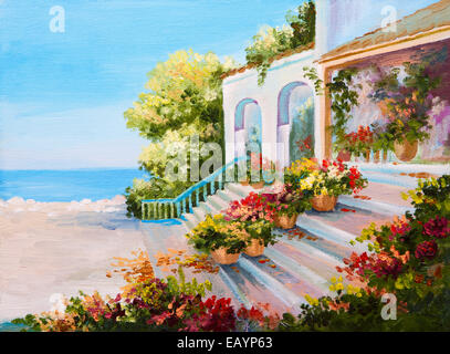 Oil painting landscape - terrace near the sea, flowers Stock Photo