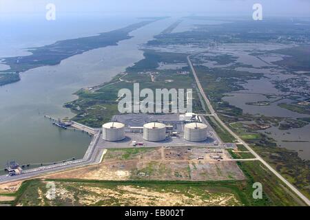 LNG Storage and Calcasieu Shipping Channel, Hackberry, Louisiana, View south toward town of Cameron and Gulf of Mexico Stock Photo