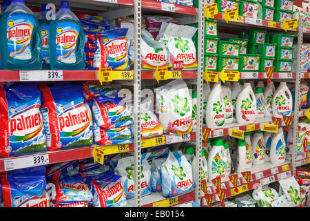 Ariel palmex washing powders in shelves supermarket, Prague Czech Republic Europe
