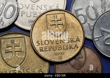 Coins of Slovakia. Coat of arms of Slovakia depicted on Slovak koruna coins. Stock Photo