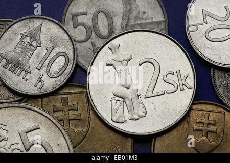 Coins of Slovakia. Primeval statuette of Venus of Hradok depicted on the Slovak two koruna coin. Stock Photo