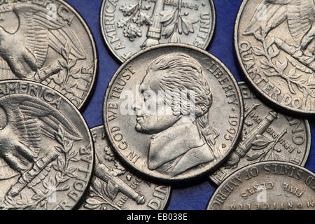 Coins of USA. Thomas Jefferson depicted on the US nickel coin. Stock Photo