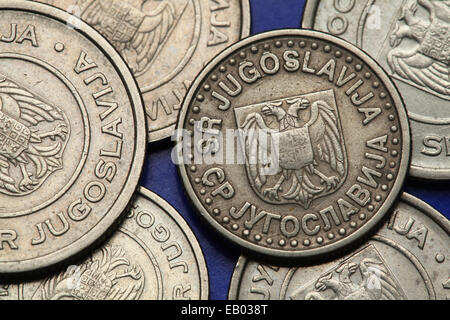 Coins of Yugoslavia. Yugoslav national coats of arms depicted on the Yugoslav novi dinar coins (2002). Stock Photo