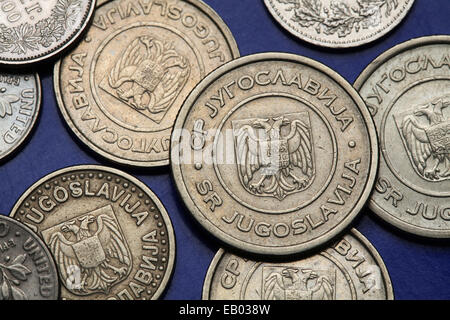 Coins of Yugoslavia. Yugoslav national coats of arms depicted on the Yugoslav novi dinar coins (2002). Stock Photo