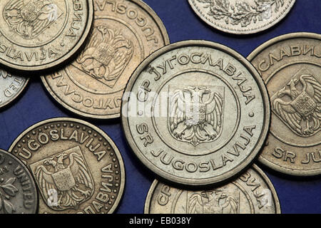 Coins of Yugoslavia. Yugoslav national coats of arms depicted on the Yugoslav novi dinar coins (2002). Stock Photo