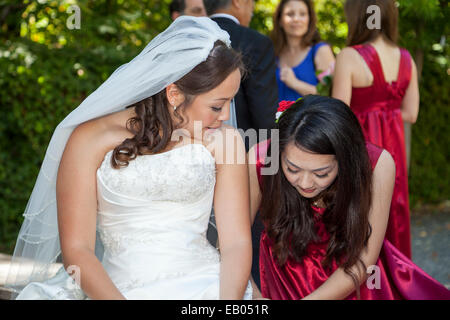 Bridesmaid assisting bride, Ross, California, USA Stock Photo