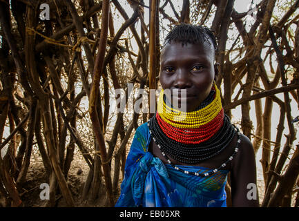 Turkana women wearing their traditional necklaces, Kenya Stock Photo