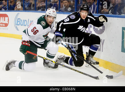 Nov. 22, 2014 - Tampa, Florida, U.S. - Tampa Bay Lightning left wing Ondrej Palat (18) battles along the boards against Minnesota Wild left wing Erik Haula (56) during first period action at the Amalie Arena. (Credit Image: © Dirk Shadd/Tampa Bay Times/ZUMA Wire) Stock Photo