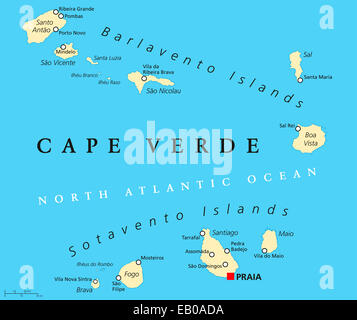 Cape Verde Political Map with capital Praia and important cities. English labeling and scaling. Illustration. Stock Photo